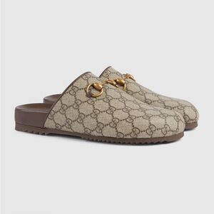 Gucci Women's Beige and Brown Mules with Gold Accents